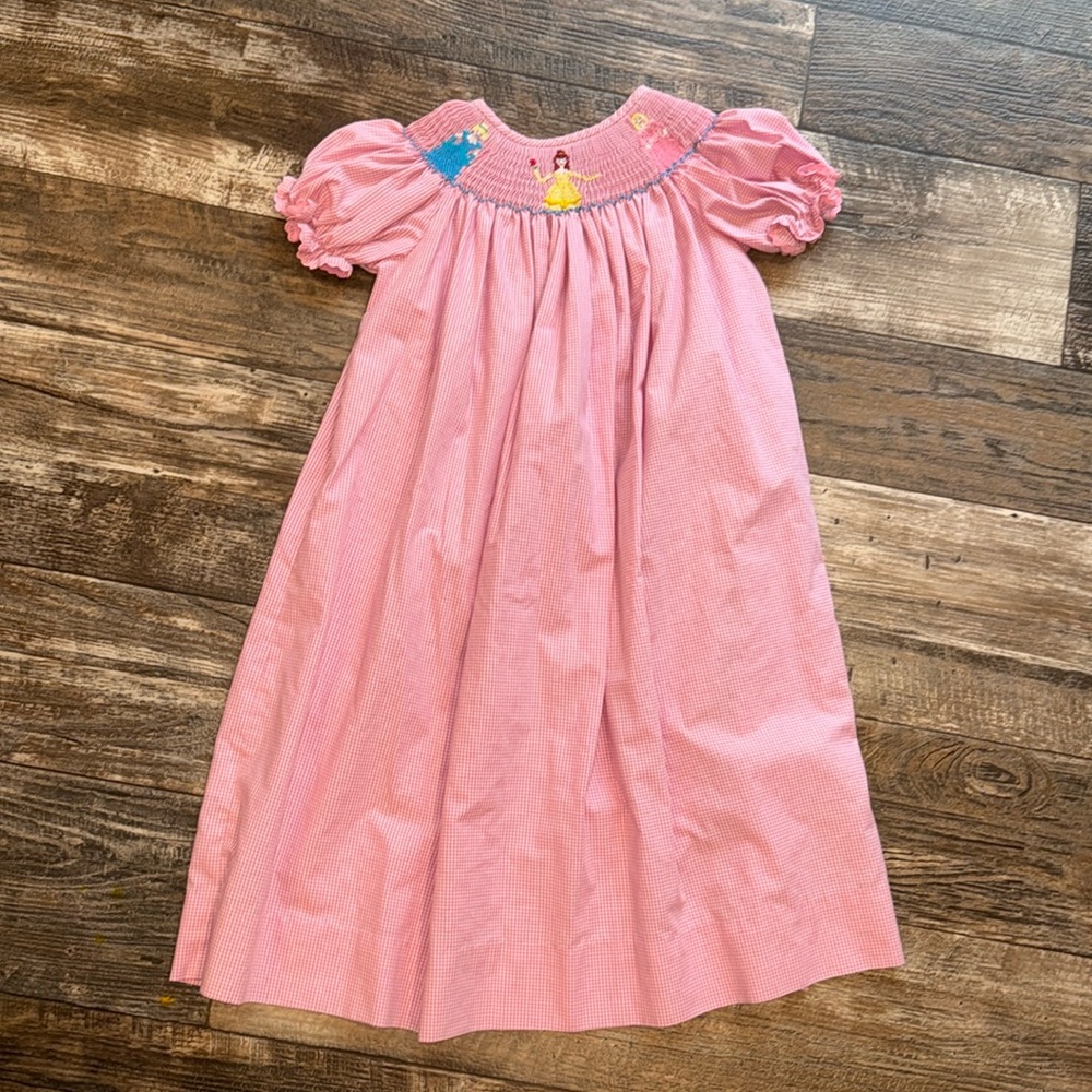 Smocked Disney Princess Pink Gingham Girls Long Dress Cinderella Belle Aurora
